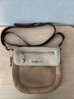 Cole Haan Cream and Tan Pebbled Leather Crossbody Bag with Brown Strap